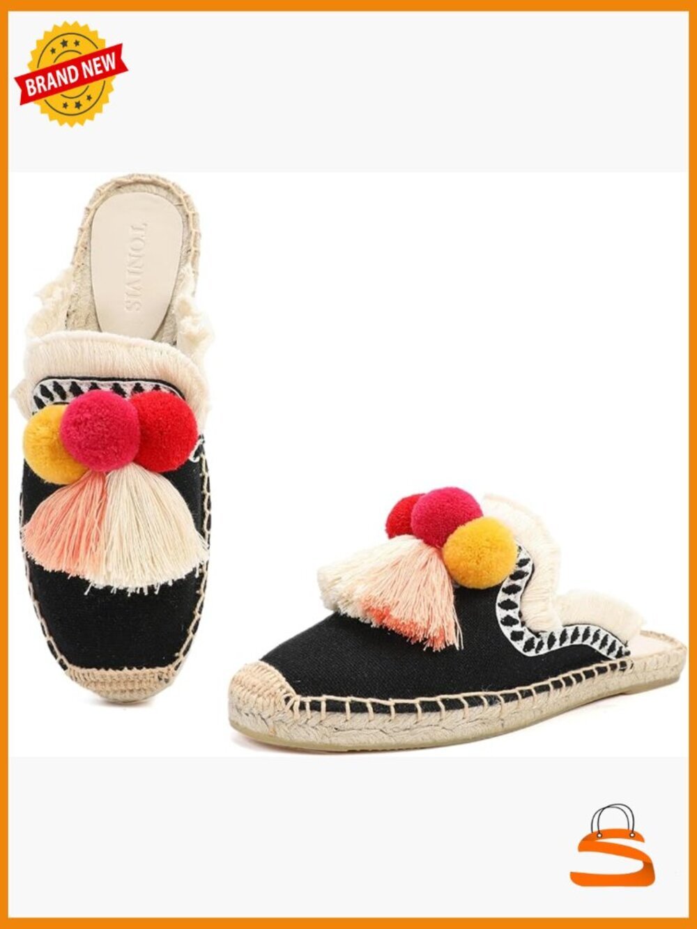 Mule Flat Shoes with Tassel & Pompom, Espadrilles Slides Backless